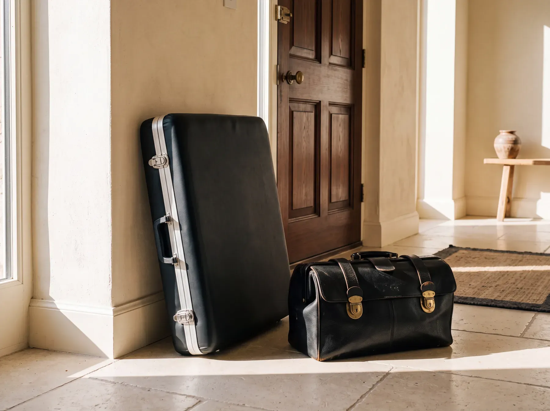 A folded portable treatment table and a doctor's case waiting inside a sunlit front hall